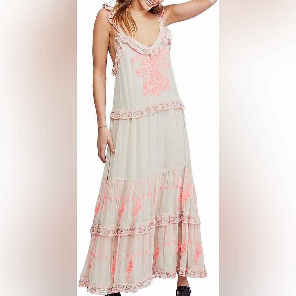 Free People Embroidered Maxi Dress Boho Ruffle Floral Size S - Picture 3 of 15
